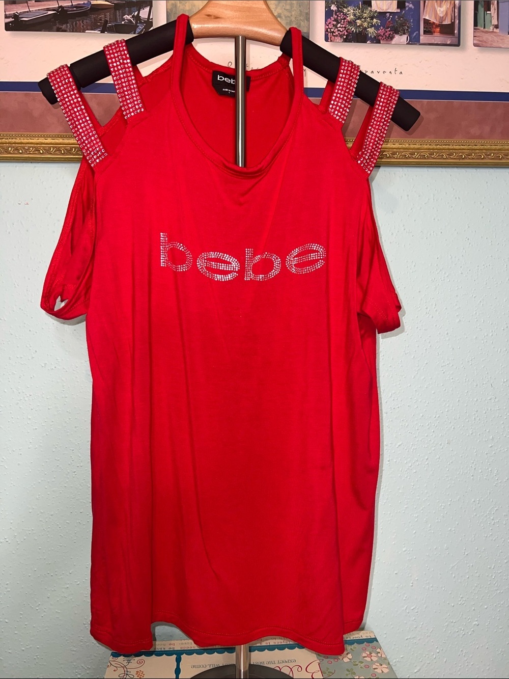 bebe Red Cold-Shoulder Logo Tee with Rhinestone Straps $15